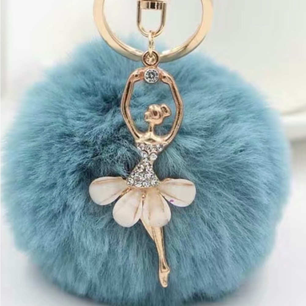 New Ballerina with Blue Faux Fur PomPom Keychain or Purse Charm